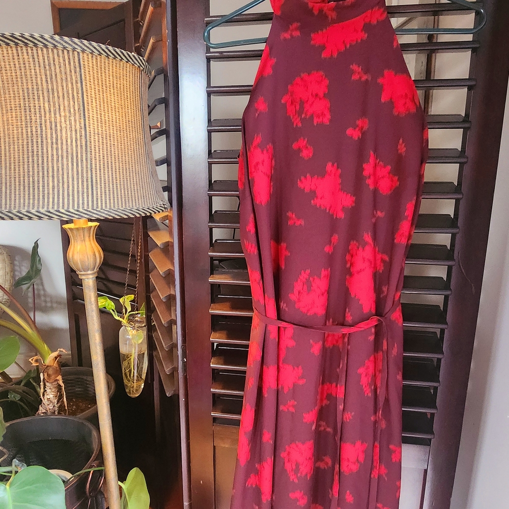 Red & Burgundy, Floral, Halter, Maxi Dress